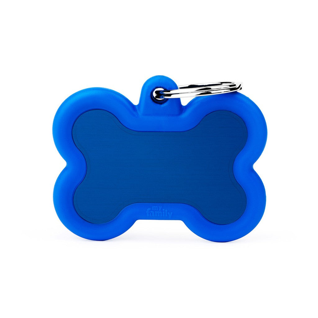Placa ID Silenciosa de Aluminio Azul sobre Azul en Forma de Hueso para Perros