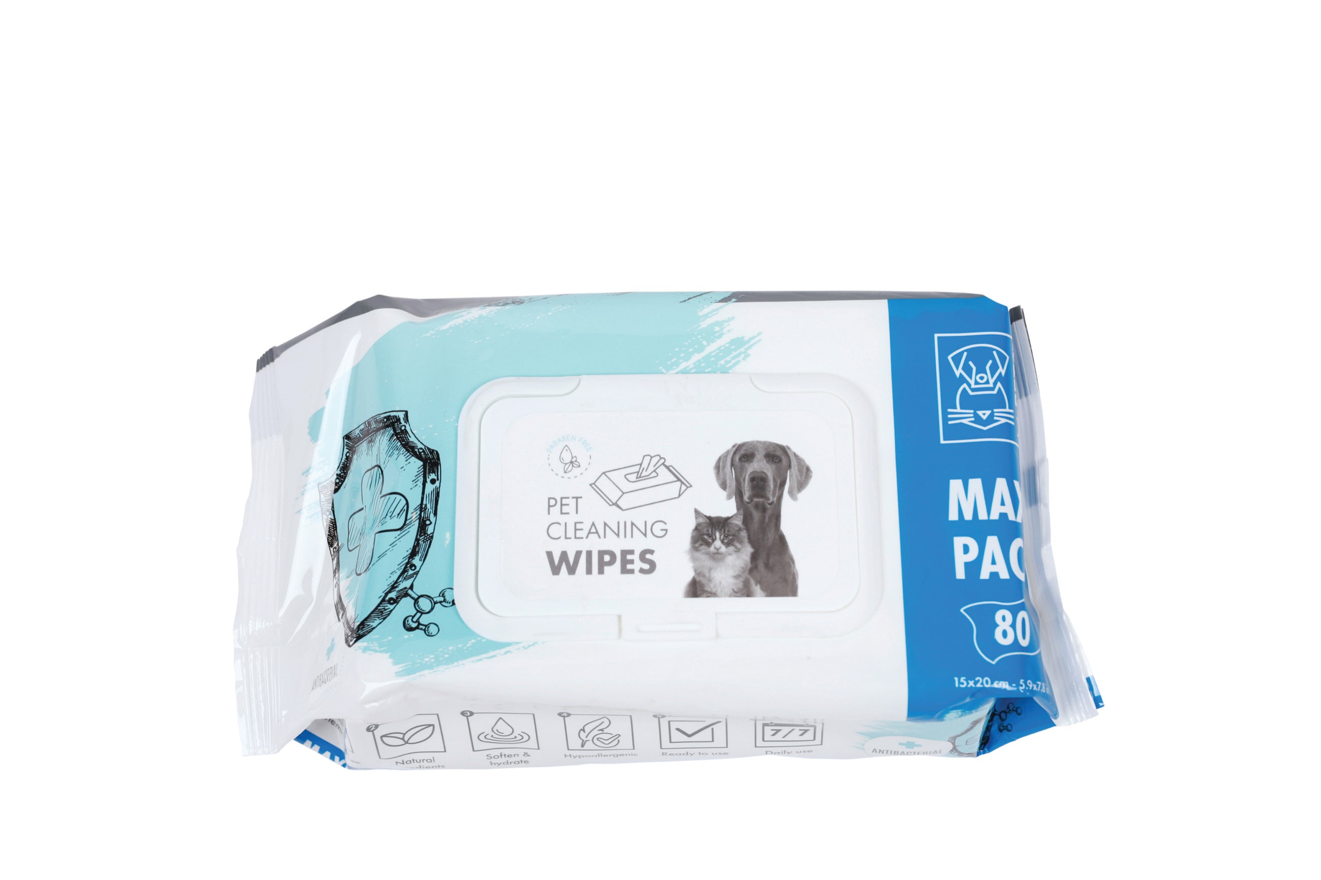 Toallitas Húmedas Antibacteriales para Perros y Gatos - Maxi Pack 80 pzas (15x20 cm) | M-PETS