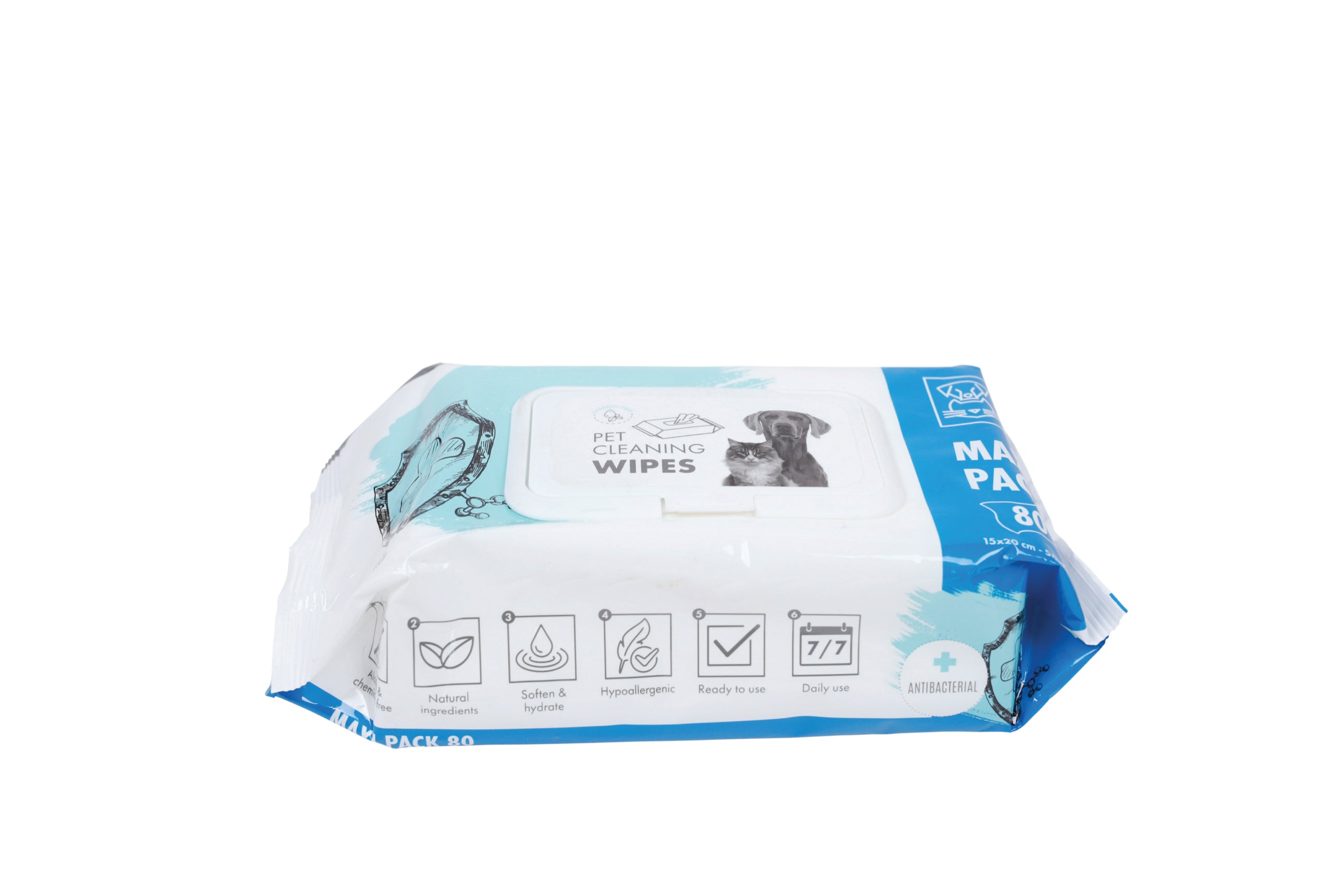 Toallitas Húmedas Antibacteriales para Perros y Gatos - Maxi Pack 80 pzas (15x20 cm) | M-PETS