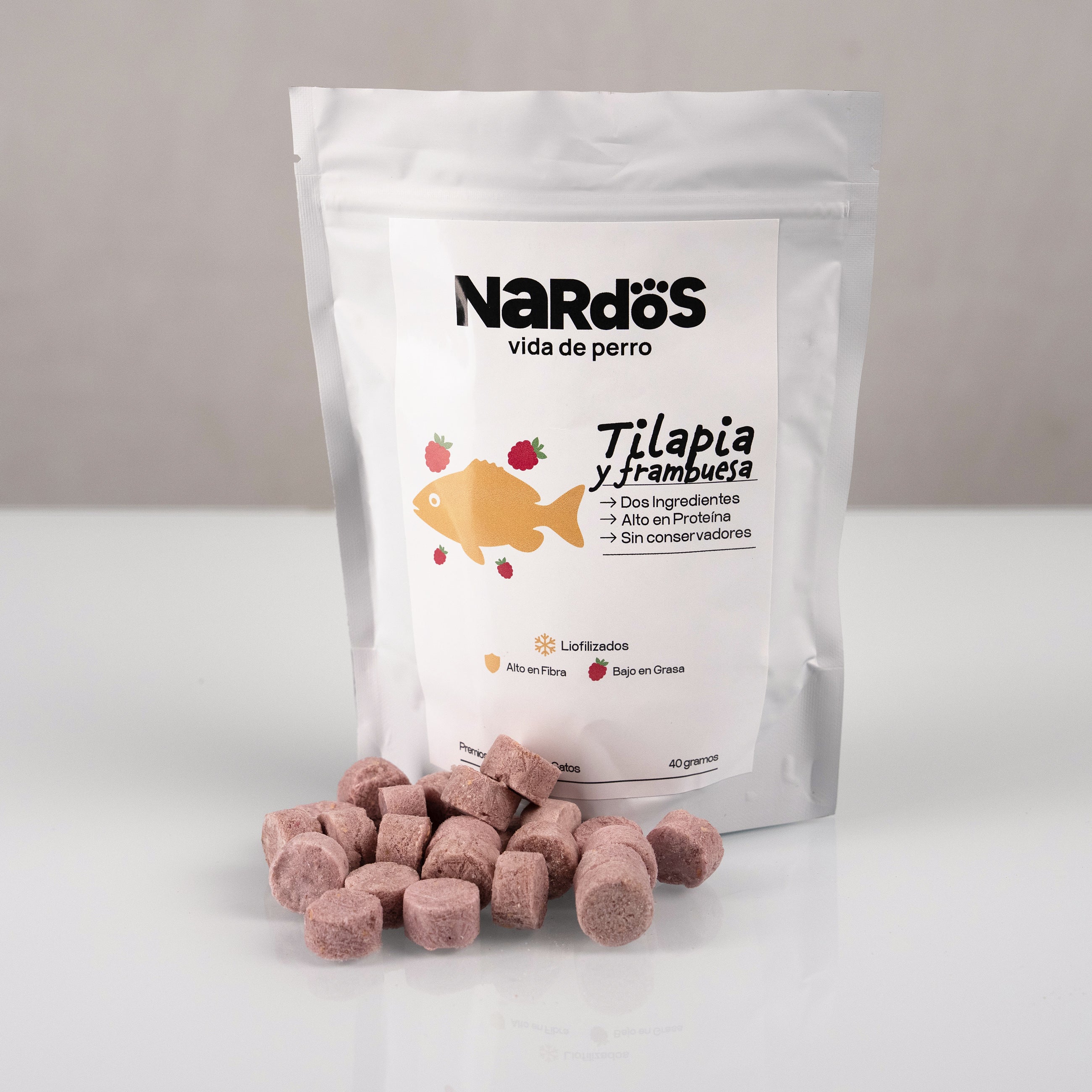 Tilapia + Frambuesa Liofilizados — Bajo en Grasa y Alto en Fibra | Método Nardos™