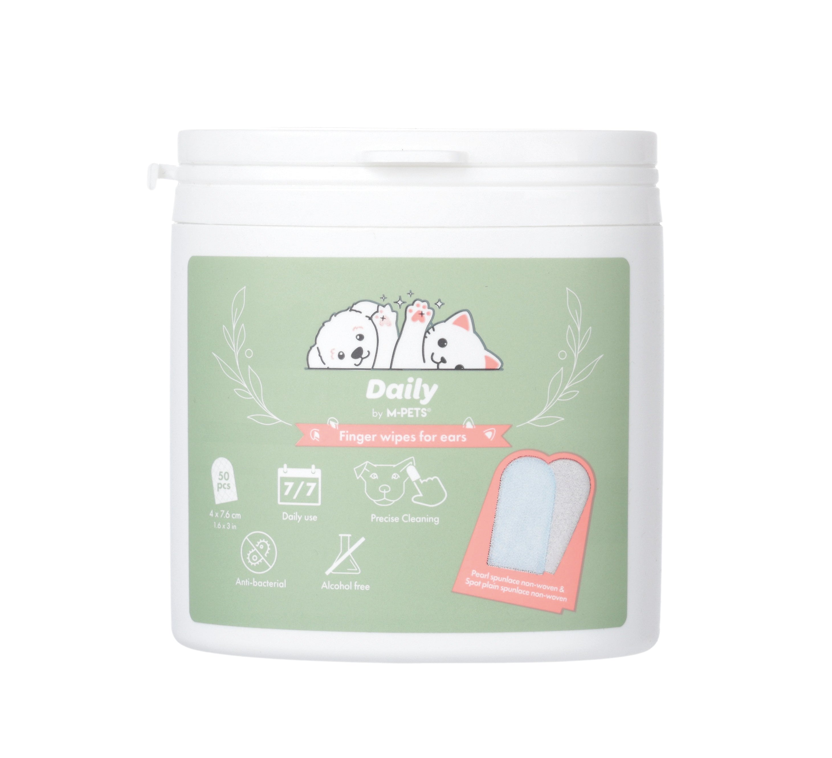 Toallitas de Dedo para Limpieza de Oídos en Perros y Gatos - 50 pzas (4x7.6 cm) | M-PETS Daily
