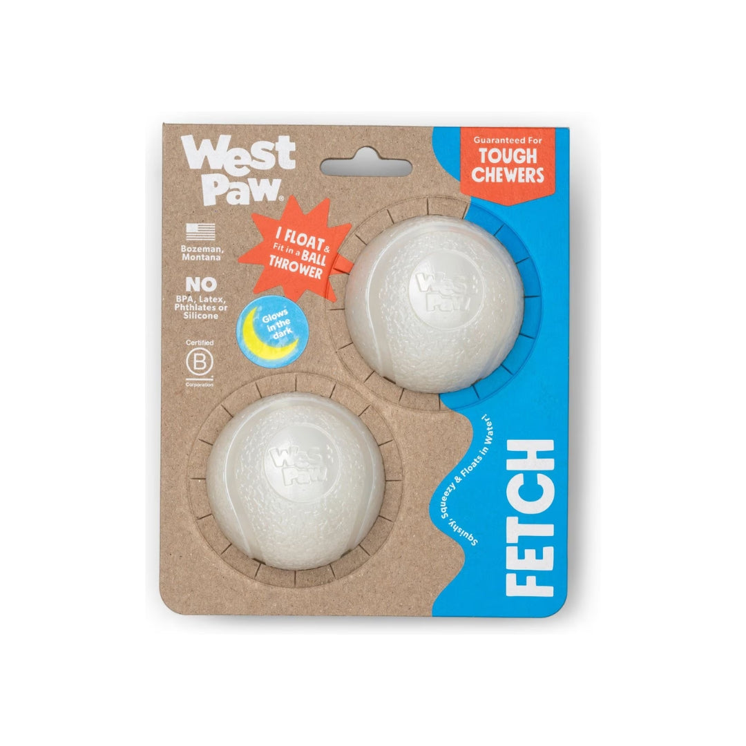 Boundr Glow de West Paw® 2 Pack Tamaño Chico – Pelotas Squishy que Brillan en la Oscuridad para Perros