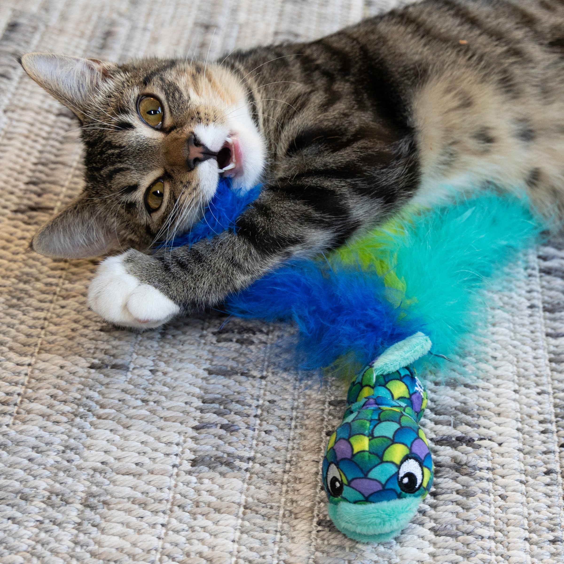 KONG Cat Wubba Fish azul, gato jugando con el pez