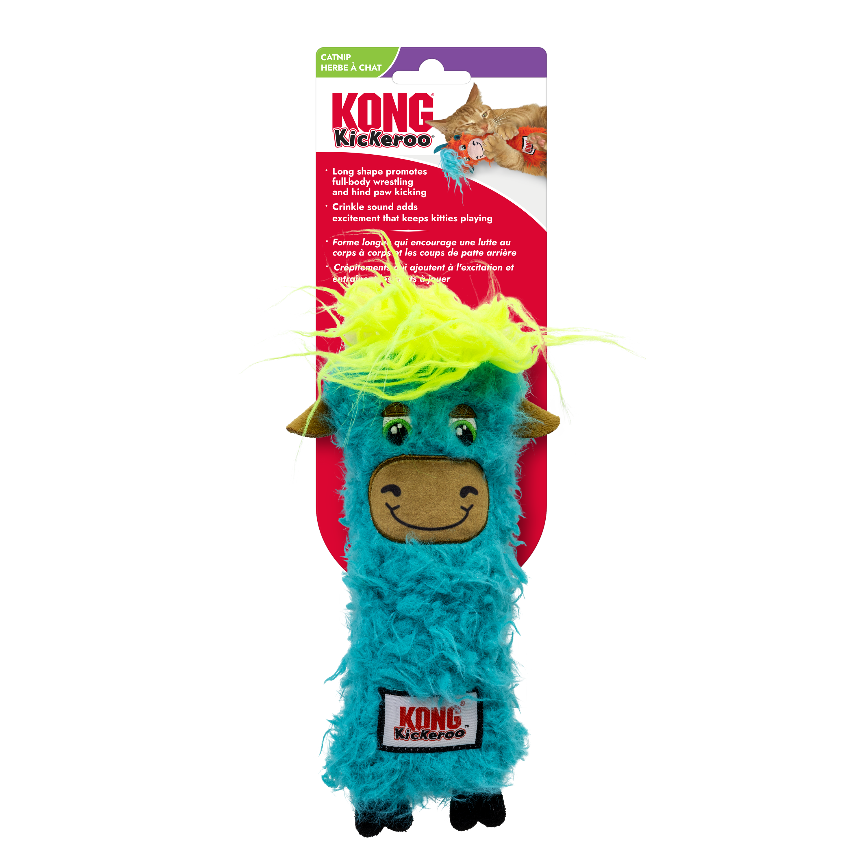 Kickeroo Highland Cow Azul con Cabello Amarillo - Juguete de Peluche con Catnip para Gatos | KONG