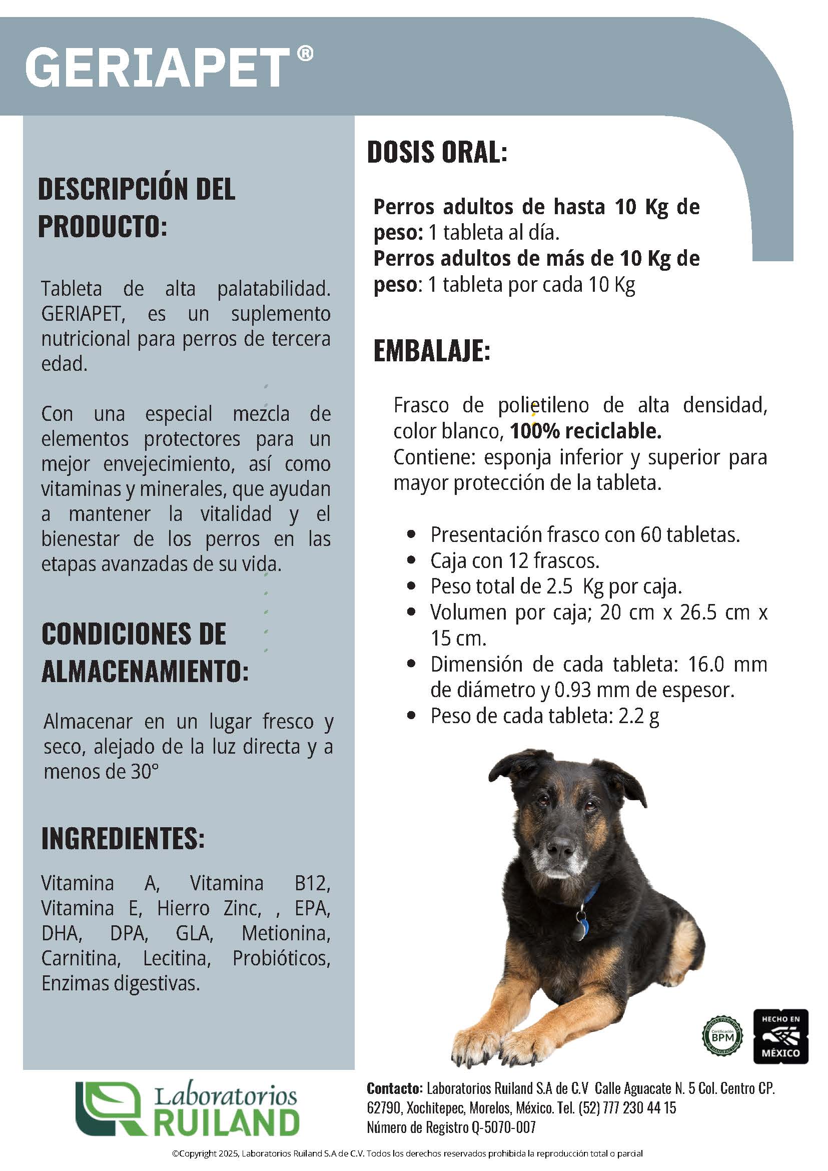 Geriapet® Tabletas Masticables para Perros Senior – Suplemento Integral con L-Carnitina, Probióticos y Ginkgo Biloba | Ruiland