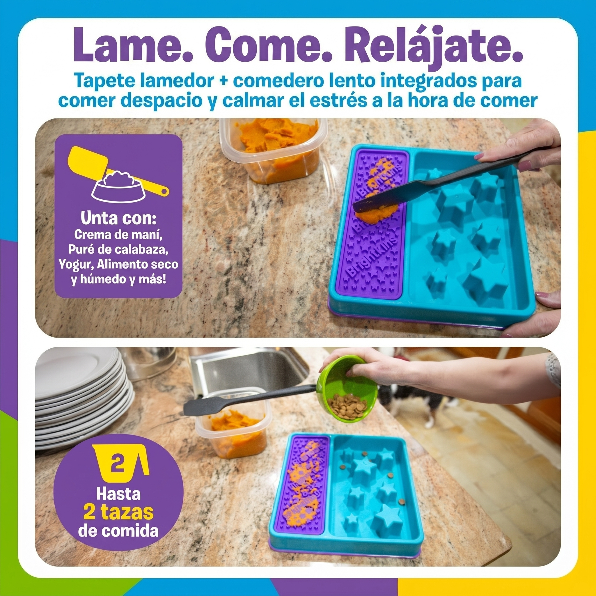 Comedero Lento 2 en 1 + Tapete Lamedor Cuadrado para Perros | Brightkins