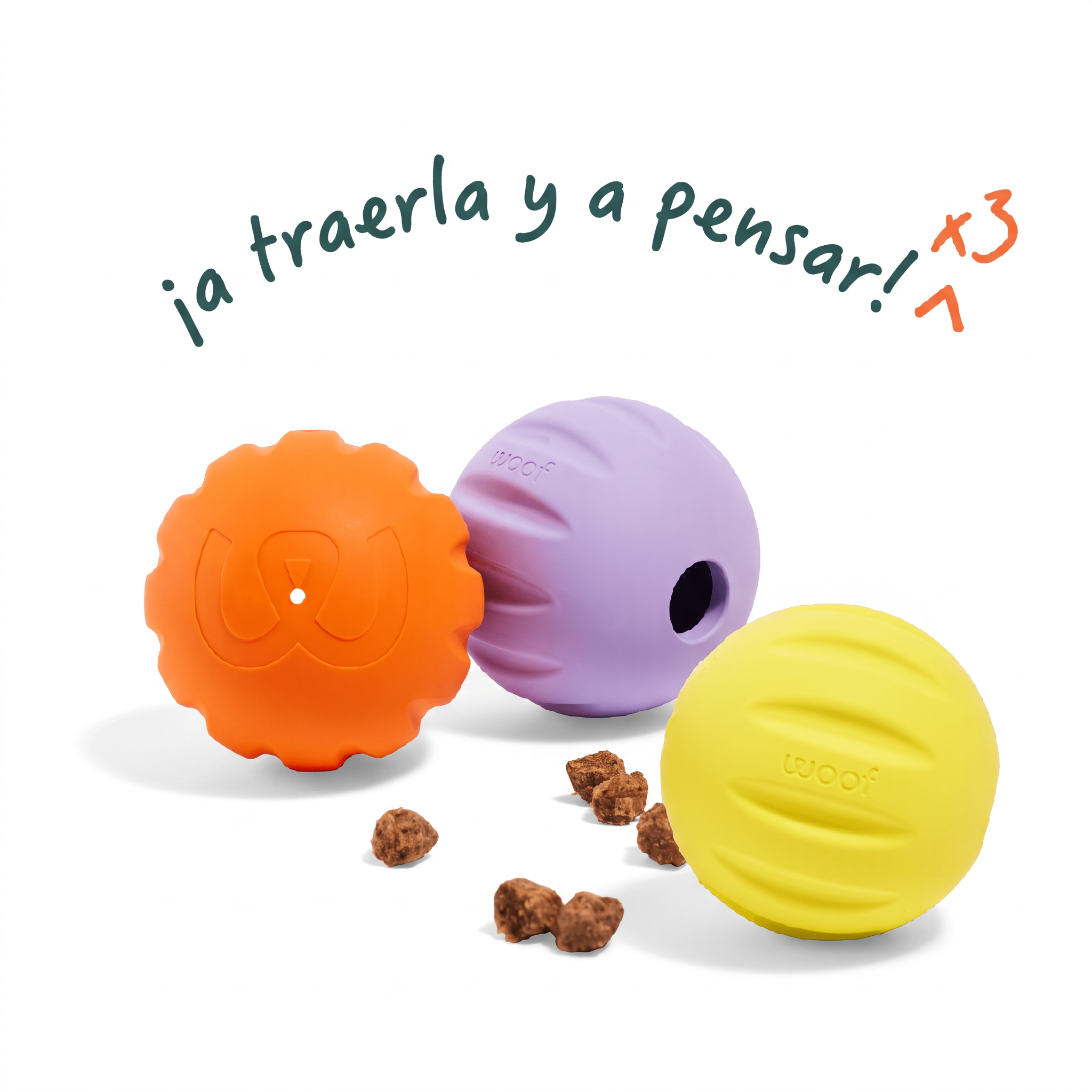 Flyball 3 Pack de Woof: pelotas lavanda, naranja y amarilla para lanzar y rompecabezas de premios
