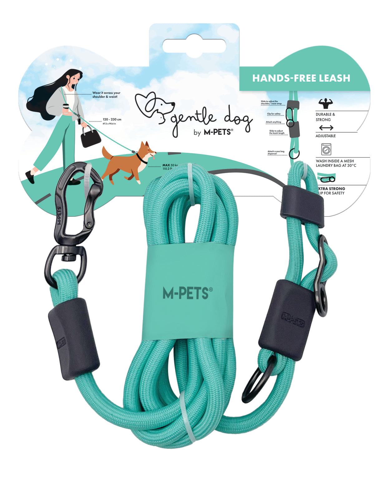 Gentle Dog | Hands-Free Leash – Correa manos libres multiuso Verde Jade | M-PETS