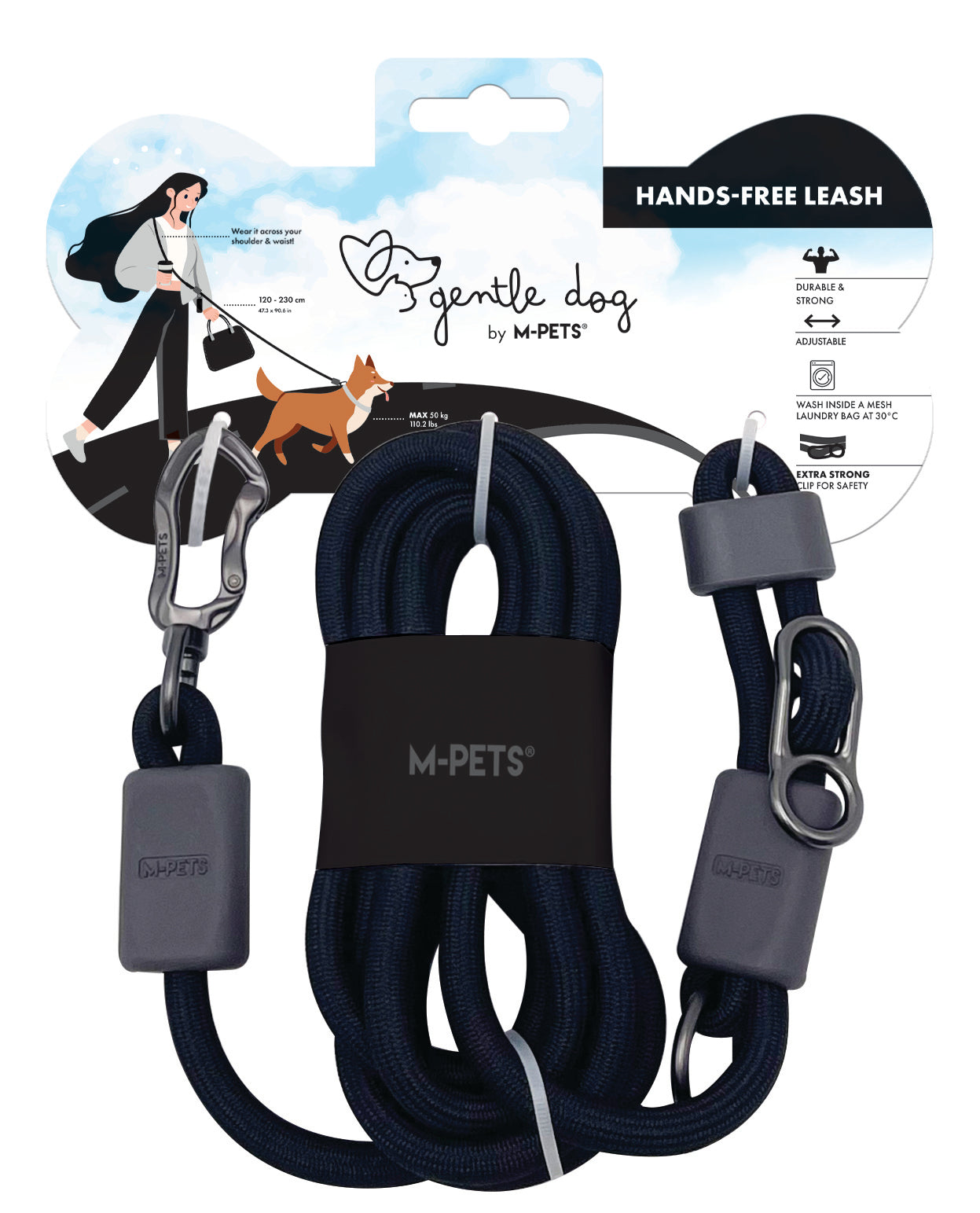 Gentle Dog | Hands-Free Leash – Correa manos libres multiuso Negra Onyx | M-PETS