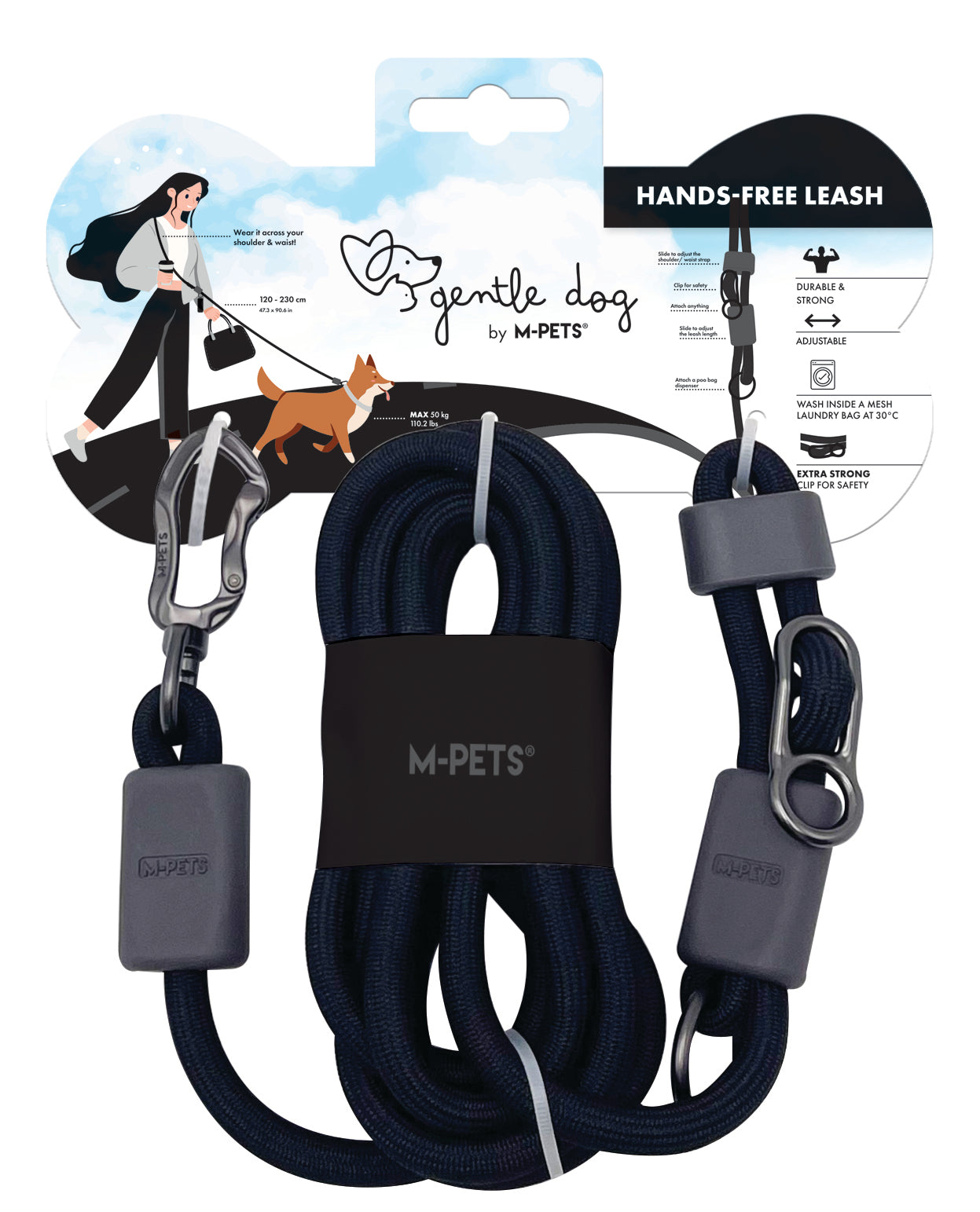 Gentle Dog | Hands-Free Leash – Correa manos libres multiuso Negra Onyx | M-PETS
