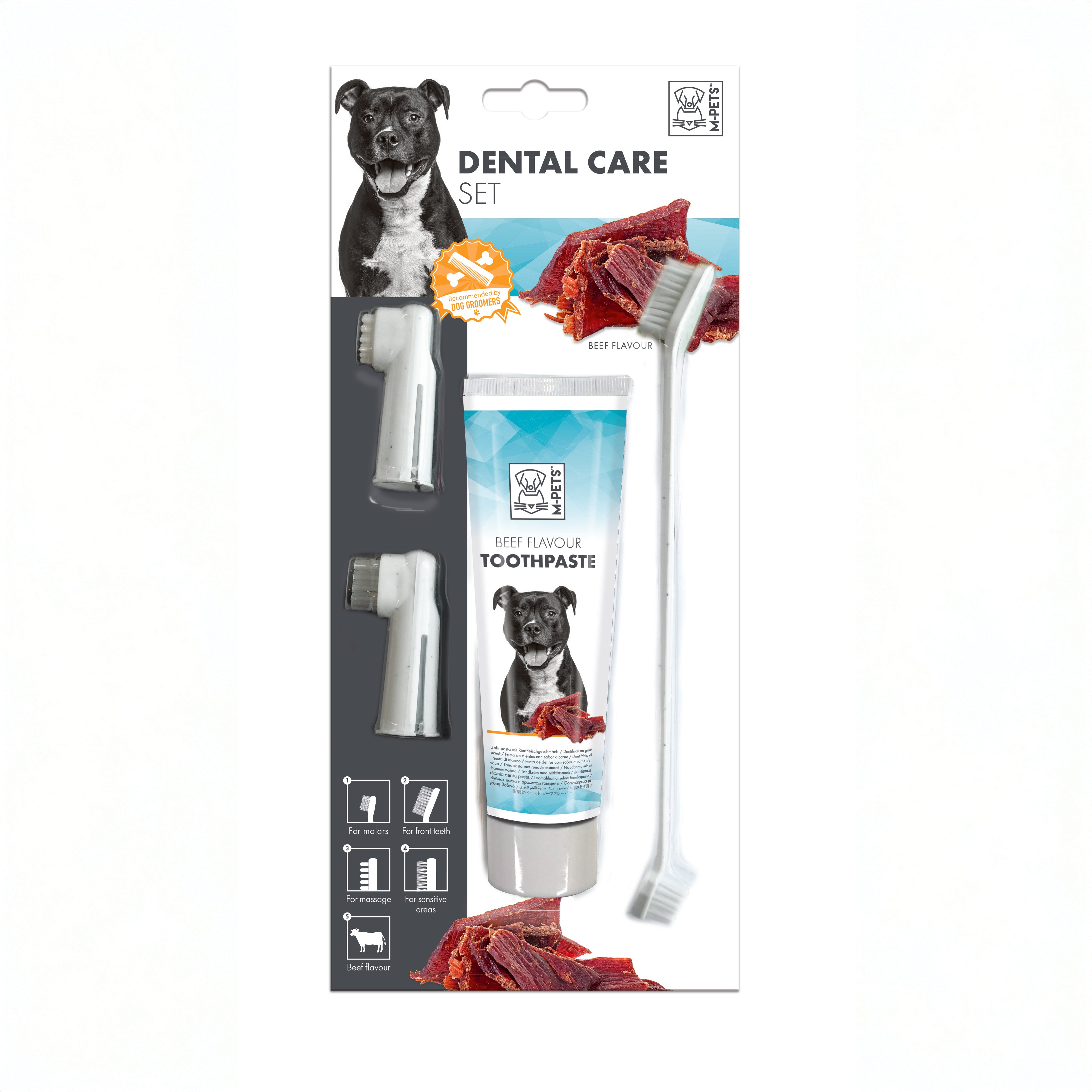 Kit Dental Completo para Perro Sabor Carne (Res) - Pasta y 4 cabezas de Cepillos | M-PETS
