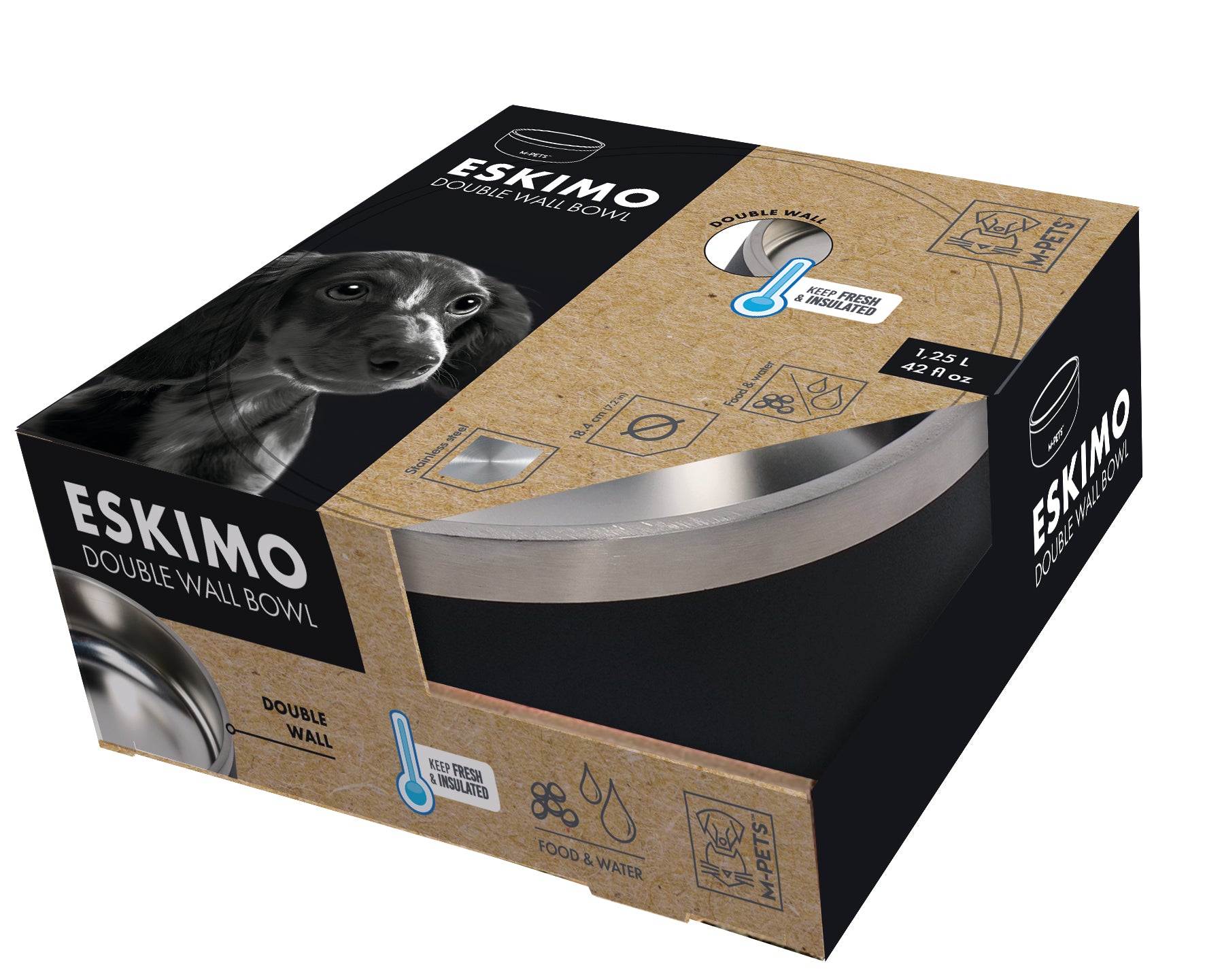 Bowl de Acero Inoxidable Doble Pared ESKIMO Negro para Perros y Gatos | M‑PETS®