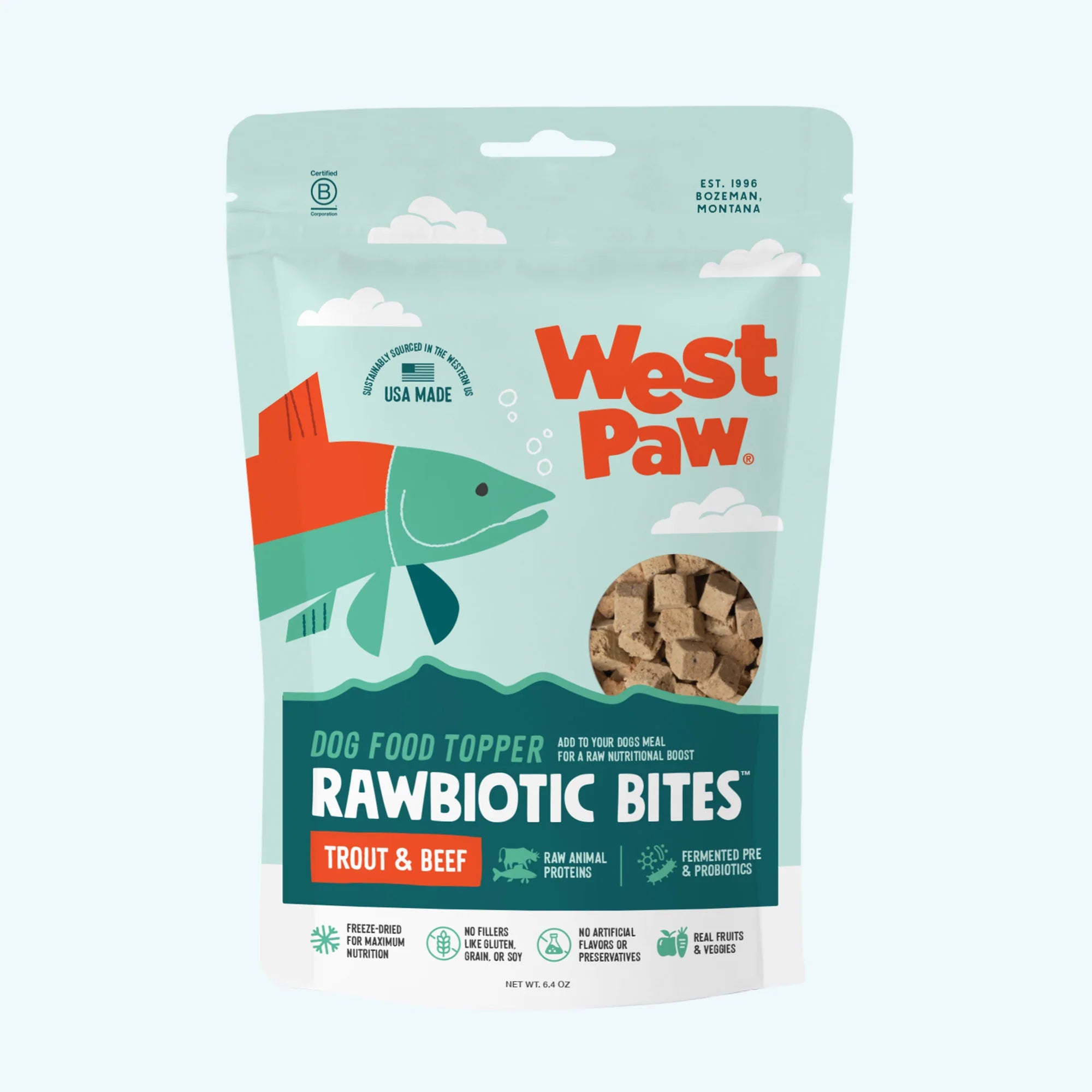 Rawbiotics Bites Topper Liofilizado de Trucha y Res con Probióticos para Perros | West Paw