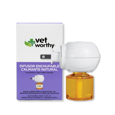 Difusor Calmante Natural de Vet Worthy® – caja y difusor enchufable con frasco de 40 ml