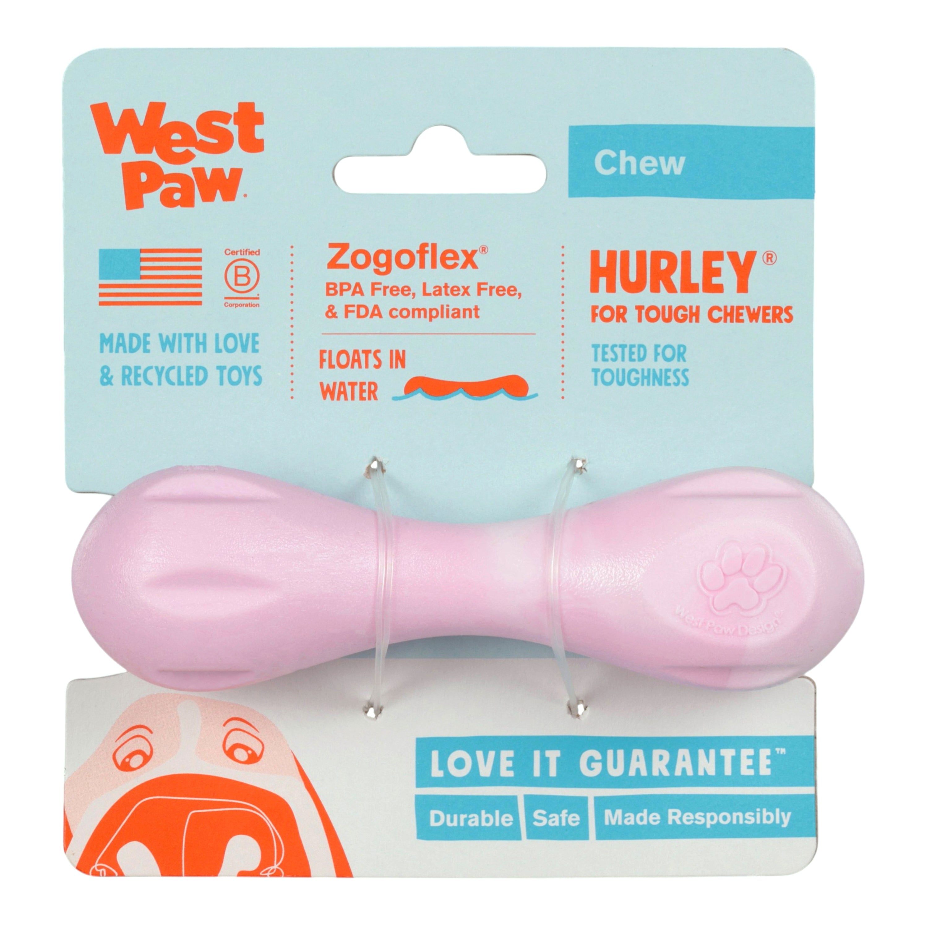 HURLEY de West Paw® color Rosa Chicle Jaspeado (Bubblegum Swirl) Línea Puppy – Hueso de Juguete para Cachorros