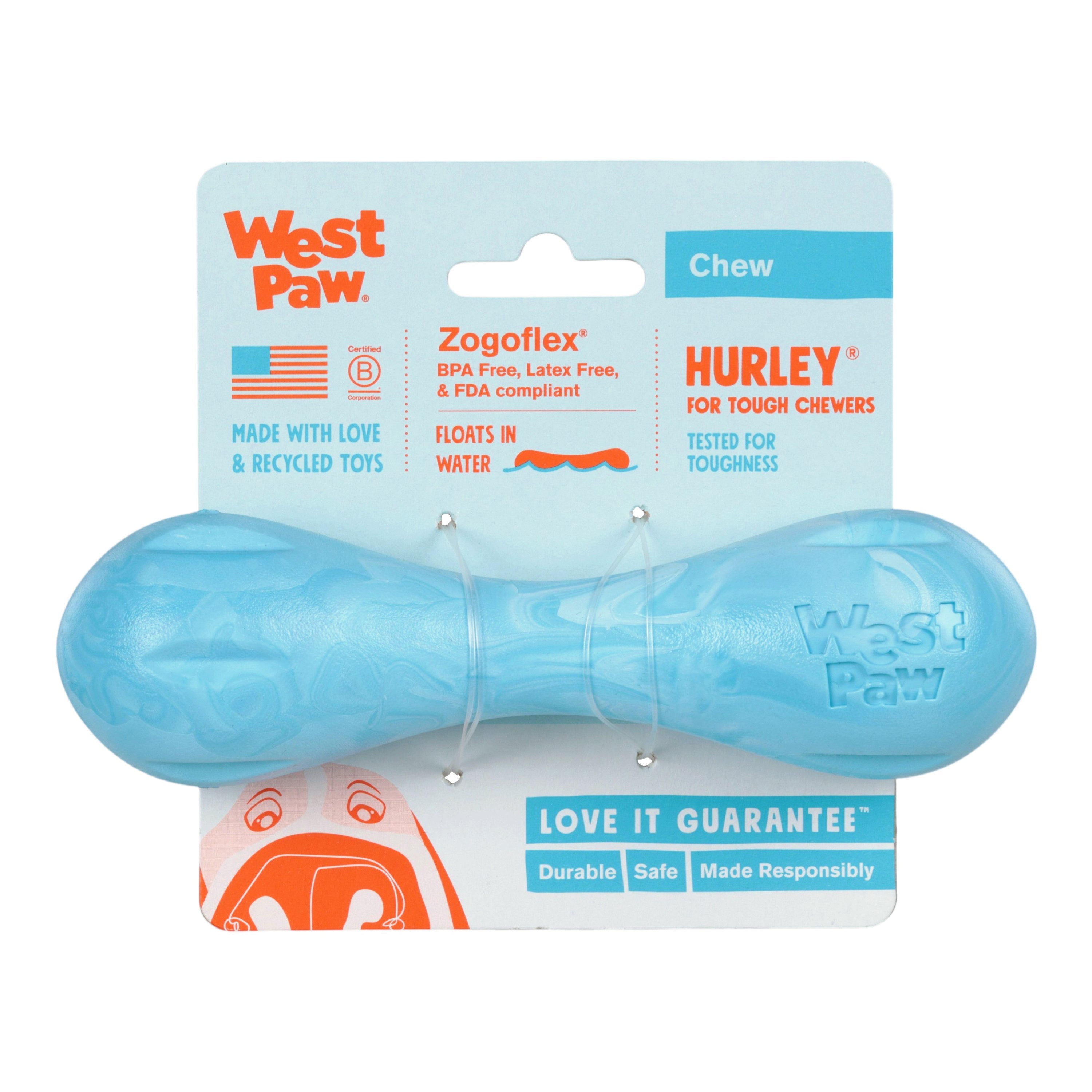 HURLEY de West Paw® color Azul Aqua Jaspeado (Aqua Swirl) Línea Puppy – Hueso de Juguete para Cachorros