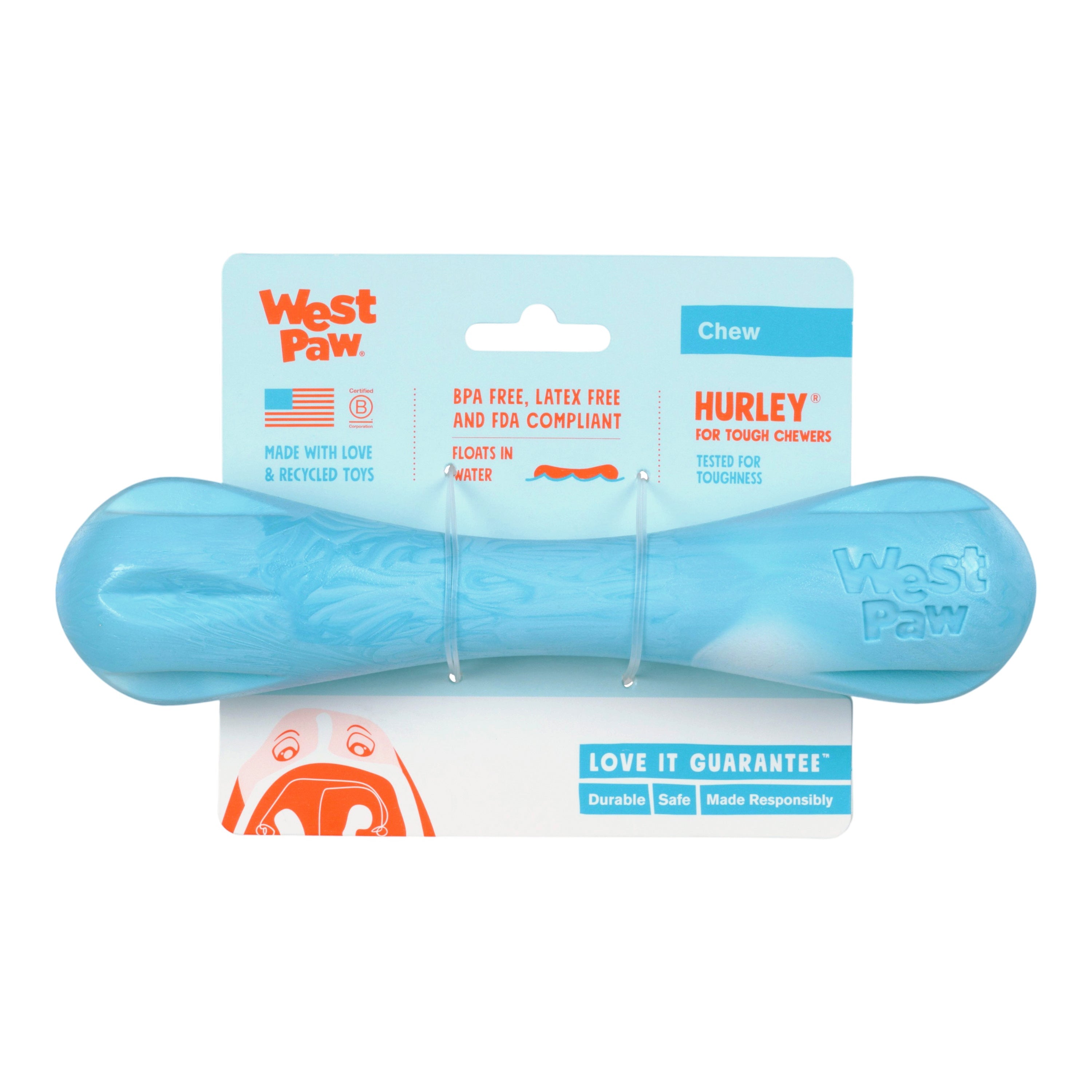 HURLEY de West Paw® color Azul Aqua Jaspeado (Aqua Swirl) Línea Puppy – Hueso de Juguete para Cachorros