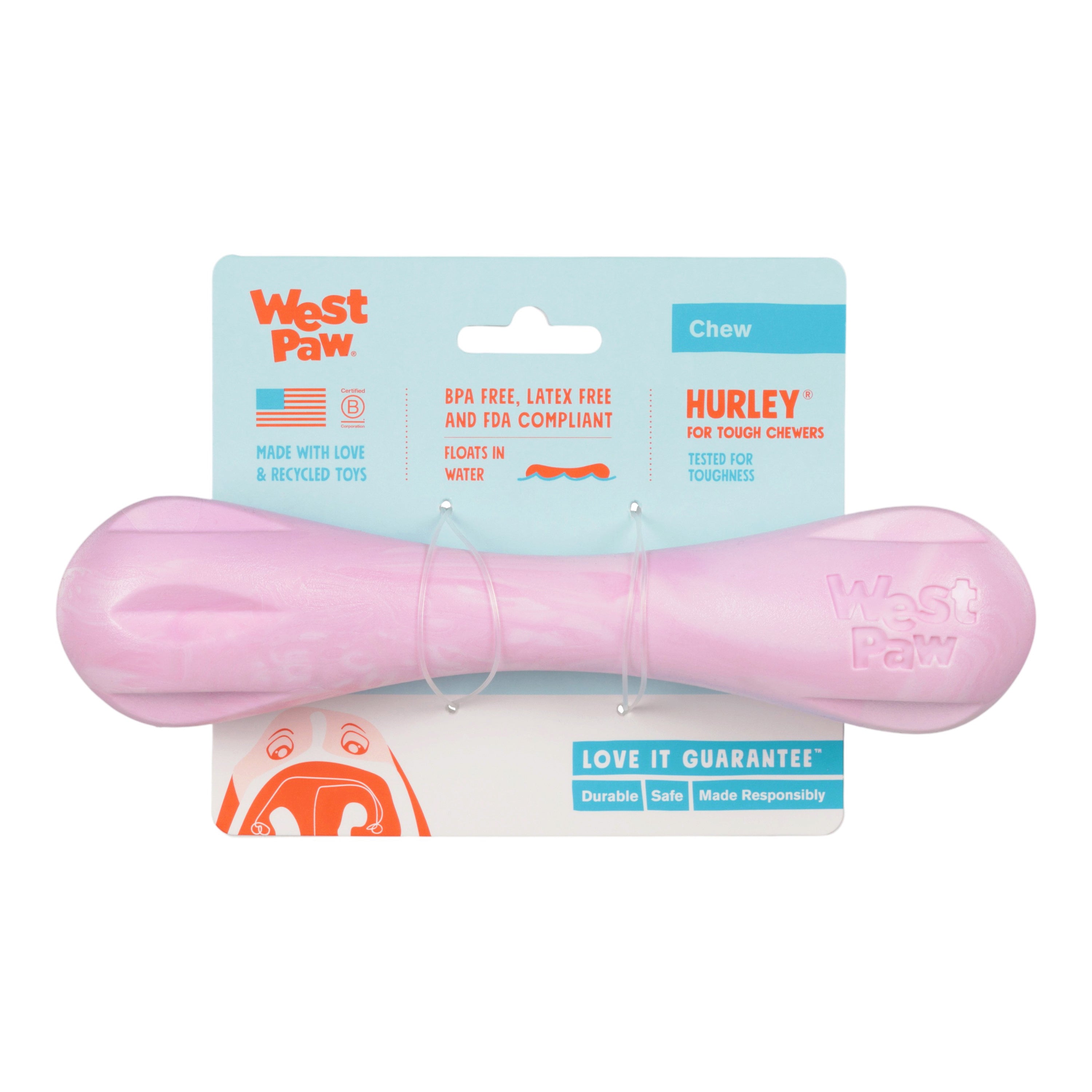 HURLEY de West Paw® color Rosa Chicle Jaspeado (Bubblegum Swirl) Línea Puppy – Hueso de Juguete para Cachorros