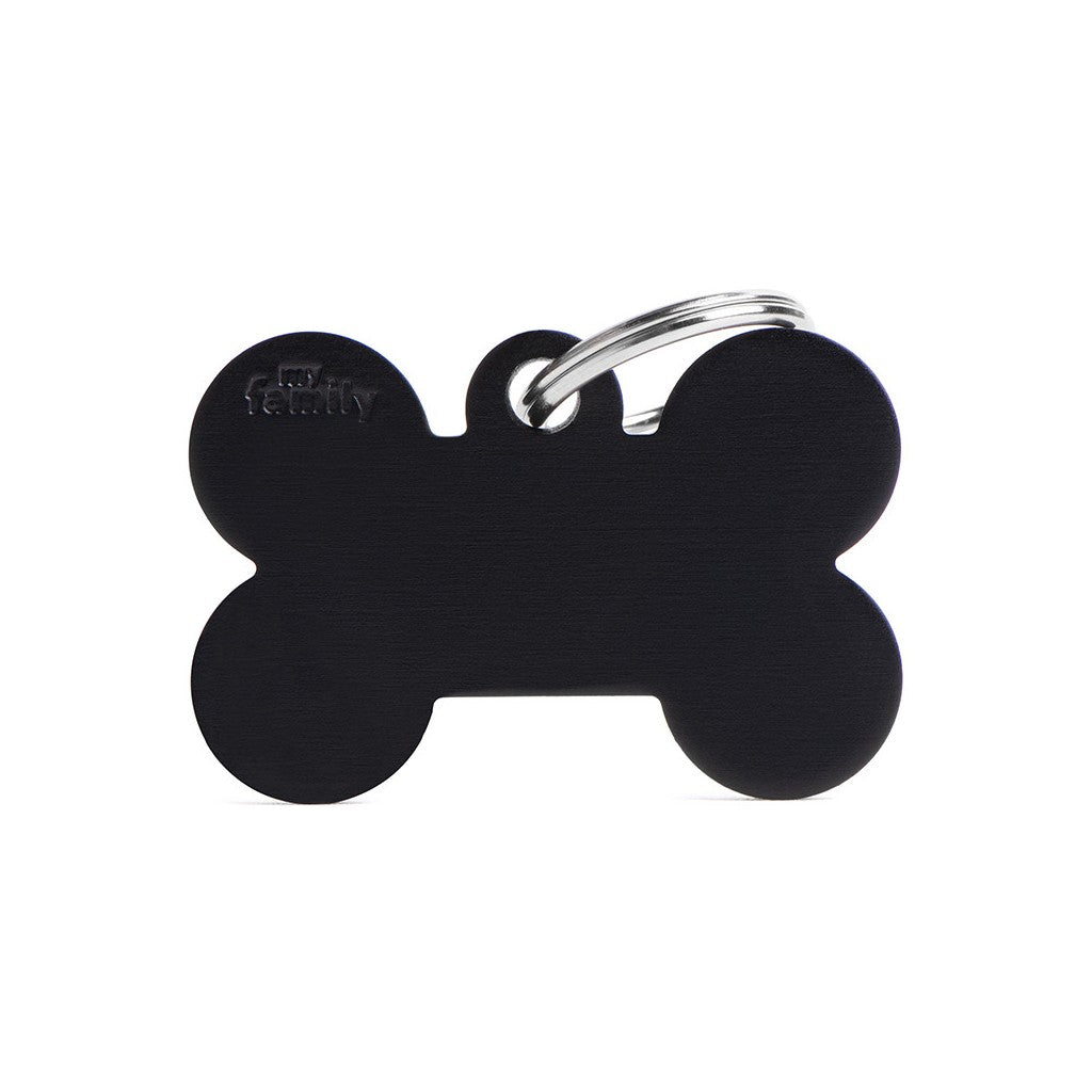 Placa ID de Aluminio Grande Negra en Forma de Hueso para Perros