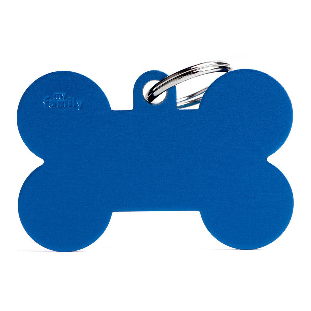 Placa ID de Aluminio Extra Grande Azul en Forma de Hueso para Perros
