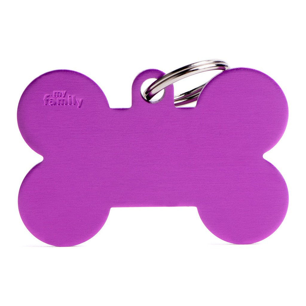 Placa ID de Aluminio Extra Grande Purpura en Forma de Hueso para Perros
