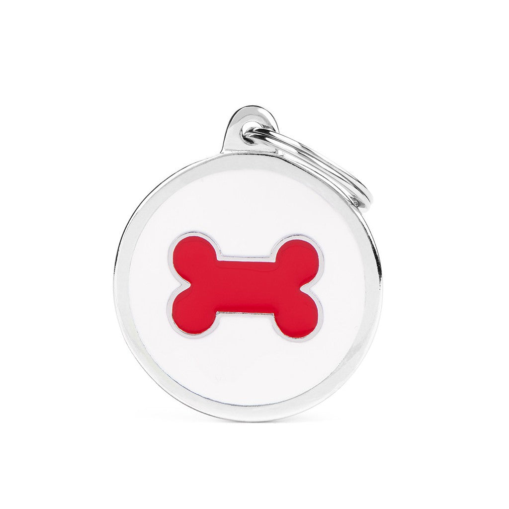 🦴 Placa ID en Forma de Círculo Blanco con Hueso Rojo para Perros | MyFamily