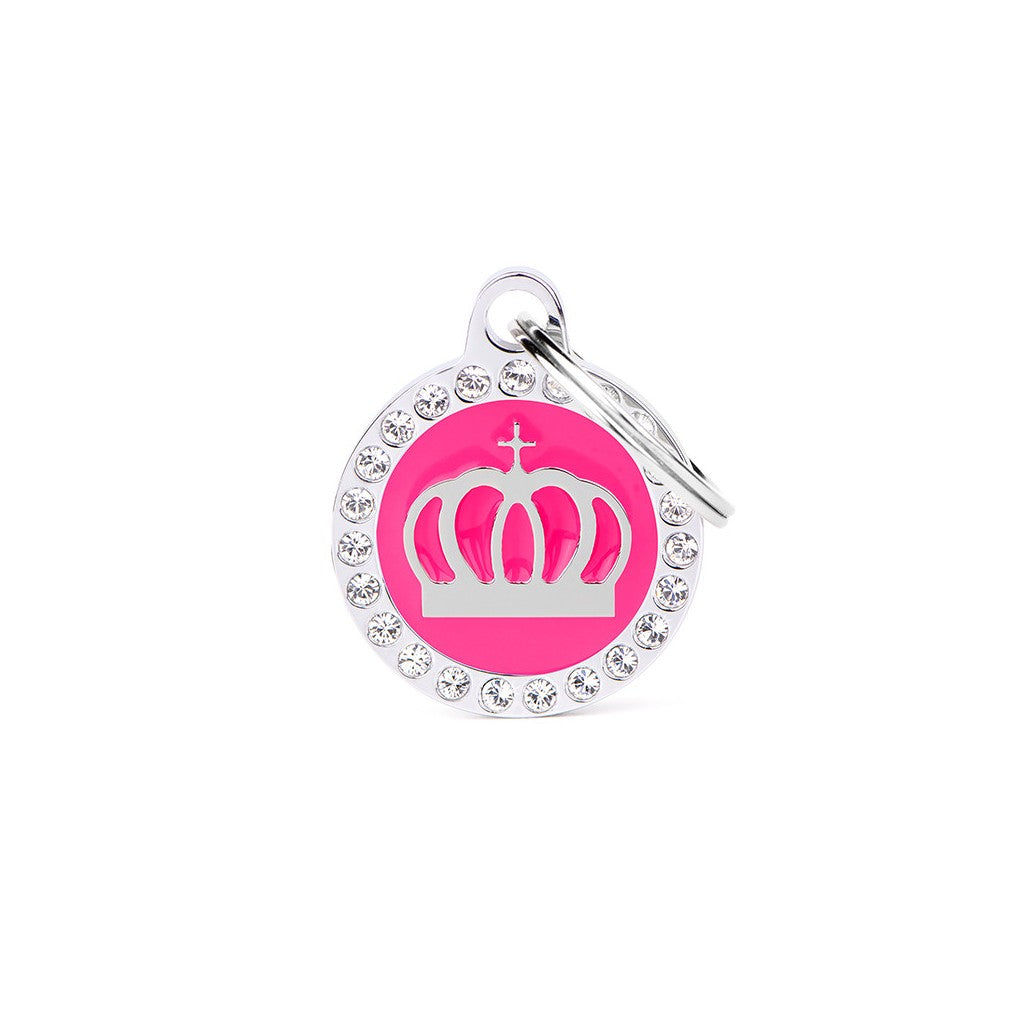 Placa ID Glam Mediana Fucsia con Corona y Cristales para perros | MyFamily