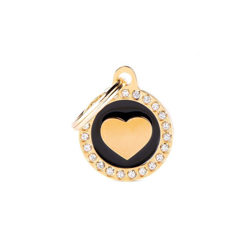 Placa ID Glam Mediana Negra y Oro con Corazón y Cristales para perros | MyFamily