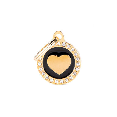 Placa ID Glam Mediana Negra y Oro con Corazón y Cristales para perros | MyFamily
