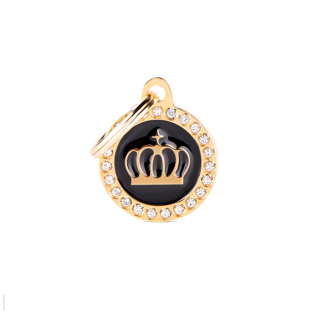 Placa ID Glam Mediana Negra y Oro con Corona y Cristales para perros | MyFamily