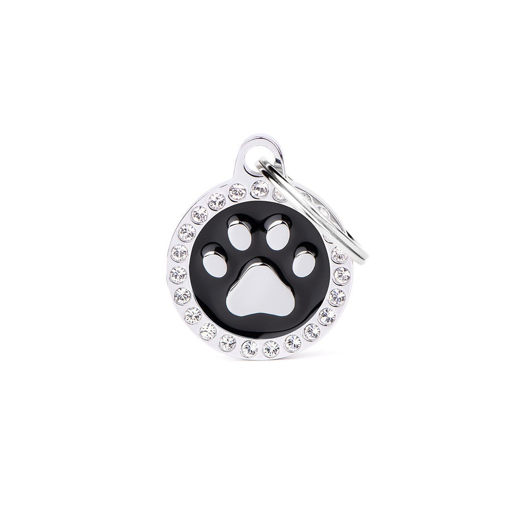 Placa ID Glam Mediana Negra con Pata y Cristales para perros | MyFamily