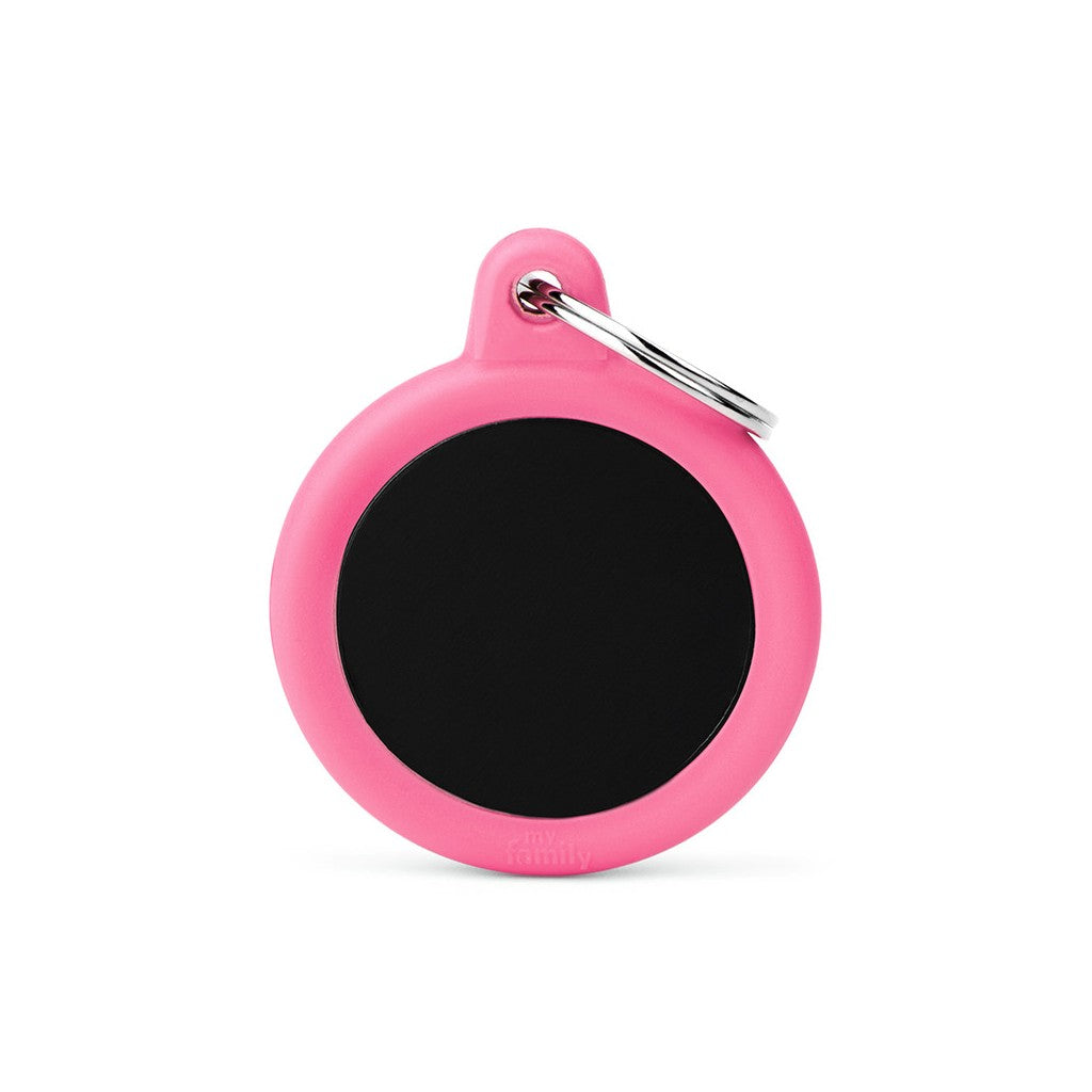 Placa ID Silenciosa de Aluminio Rosa en Forma de Círculo para Perros | MyFamily