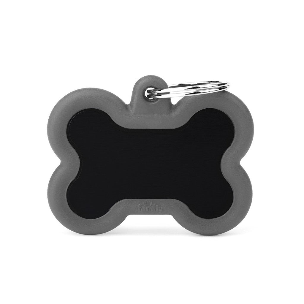 Placa ID Silenciosa de Aluminio Gris en Forma de Hueso para Perros | MyFamily